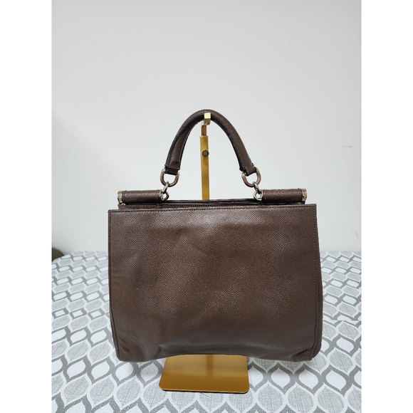 Dolce and Gabbana Grained Leather Sicily East West Top Handle Bag Brown